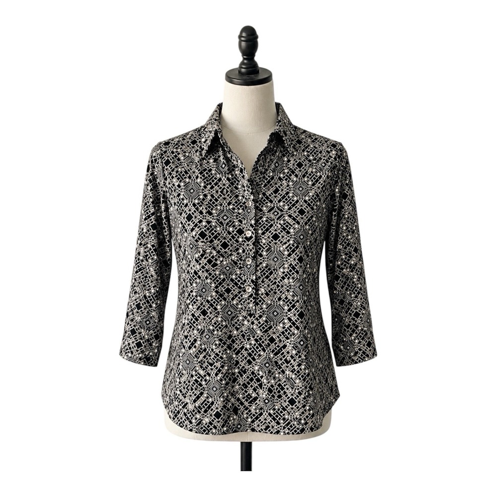 Charter‎ Club Women's Monochrome Geometric Half Button Blouse Size S